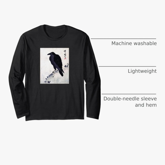 Black Long Sleeve Shirt With Japanese Kyosai Crow/Raven Art NEW - Picture 3 of 16